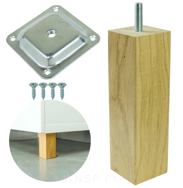 Noga kwadratowa dębowa 45 x 45 mm, 15 CM, lakierowana z blachą montażową