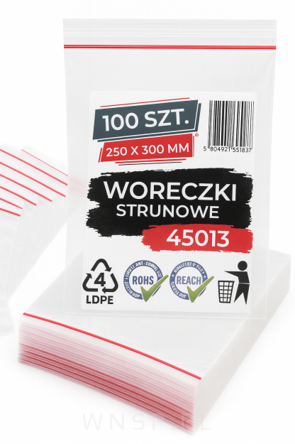 Woreczki strunowe 100 sztuk, mocne torebki zamykane 250 x 300 mm, grube 50 mic