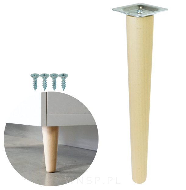 Noga bukowa prosta UNIQ 35 cm z blachą montażową, lakier bezbarwny
