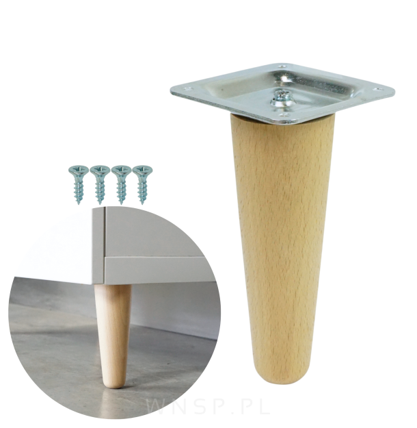 Noga bukowa prosta UNIQ 12 cm z blachą montażową, lakier bezbarwny