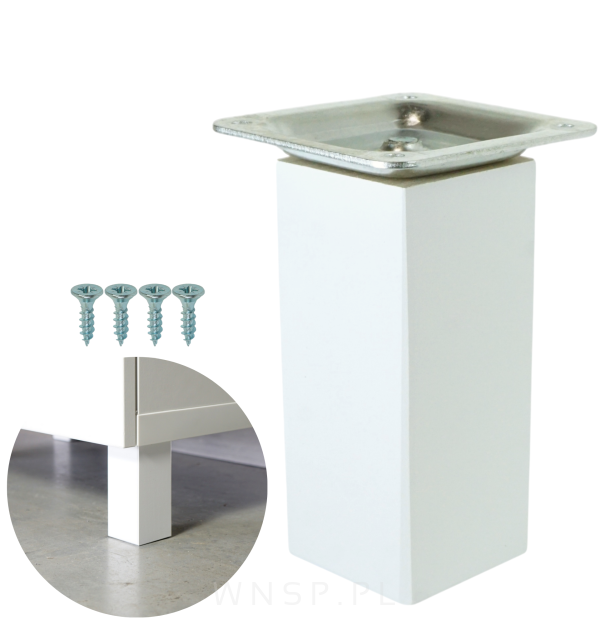 Noga kwadratowa bukowa 45 X 45, prosta, 15 CM, biała z blachą montażową
