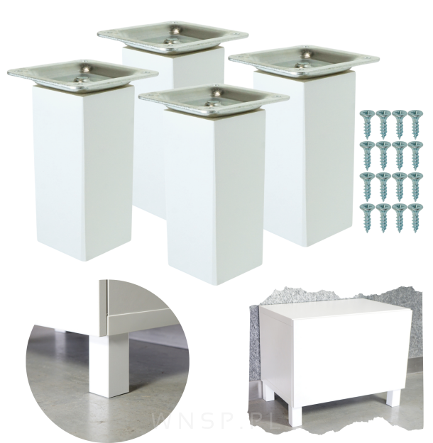 4x Noga kwadratowa bukowa 45 X 45, prosta, 10 CM, biała z blachą montażową