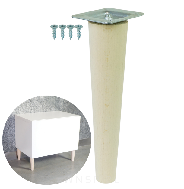 Noga bukowa prosta, stożek 25 cm surowa z blachą montażową