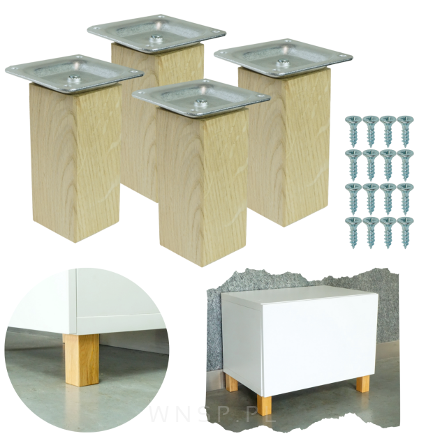 4x Noga kwadratowa dębowa 45 x 45 mm, 10 CM, surowa z blachą montażową