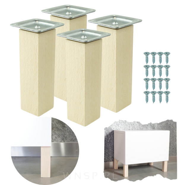 4x Noga kwadratowa bukowa 45 x 45 mm, 15 CM, prosta, surowa z blachą montażową