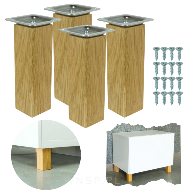 4x Noga dębowa kwadratowa 45 x 45 mm, 15 CM, lakierowana z blachą montażową