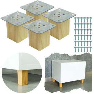 Nogi dębowe 6 CM, nóżki kwadratowe drewniane dąb, zestaw z blachami i wkrętami