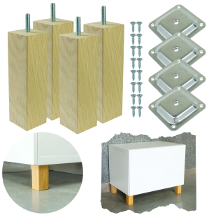 4x Noga kwadratowa dębowa 45 x 45 mm, 15 CM, surowa z blachą montażową