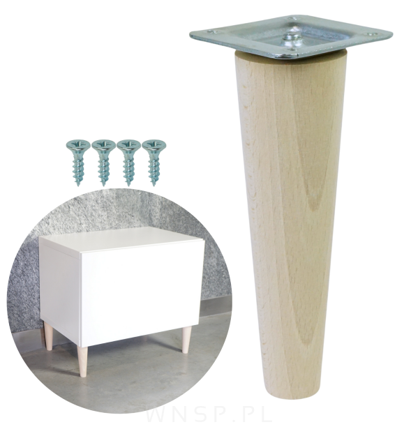 Noga bukowa prosta, stożek 15 cm surowa z blachą montażową