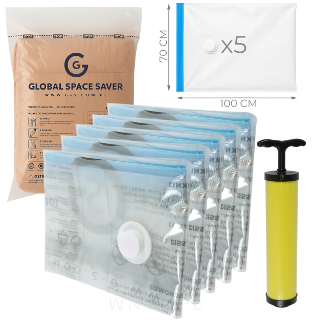 WORKI PRÓŻNIOWE 100 x 70 CM ZESTAW 5 SZTUK + POMPKA GRATIS, NA UBRANIA, KOCE, POŚCIEL DO SZAFY, GARAŻU, PIWNICY, NA STRYCH MOCNE GRUBE