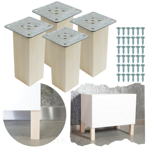 Nogi bukowe 12 CM, nóżki kwadratowe drewniane buk, zestaw z blachami i wkrętami