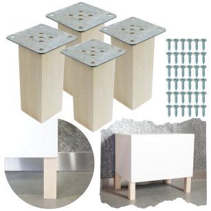 Nogi bukowe 12 CM, nóżki kwadratowe drewniane buk, zestaw z blachami i wkrętami