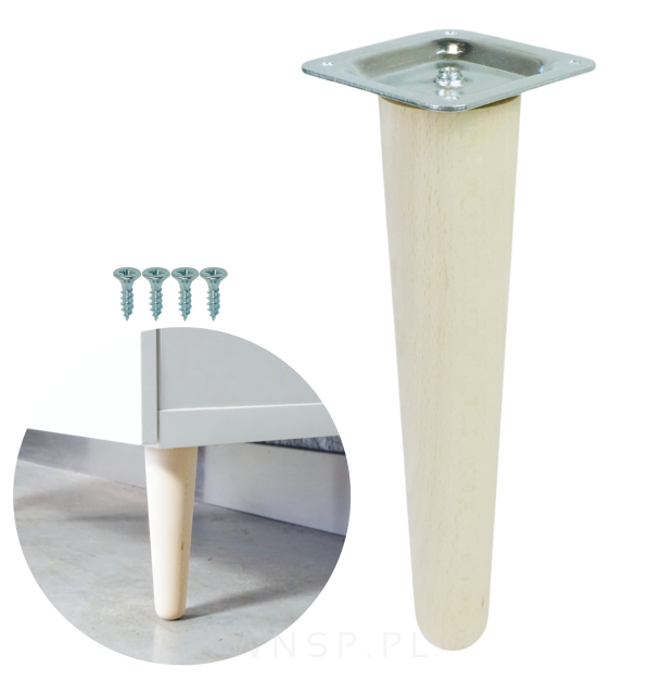Noga bukowa prosta UNIQ 20 cm z blachą montażową, surowa