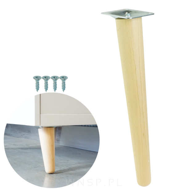 Noga bukowa skośna UNIQ 30 cm z blachą montażową, lakier bezbarwny