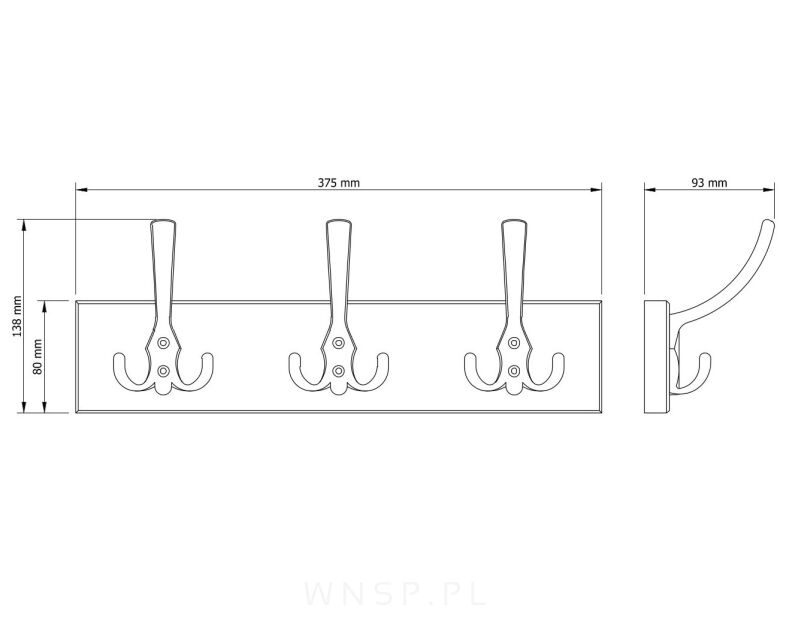 Wieszak ścienny na ubrania, z 3 haczykami, surowy