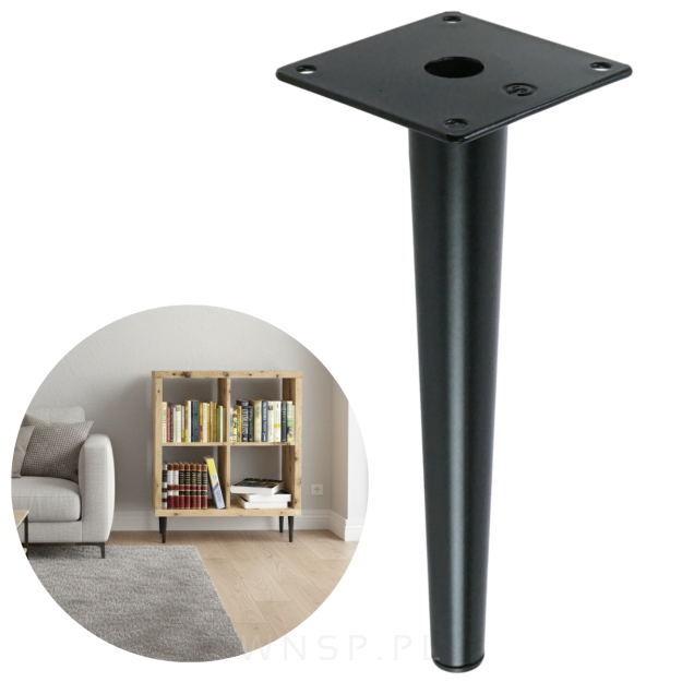 Noga stalowa prosta stożek 23 cm, z blachą montażową, czarna matowa