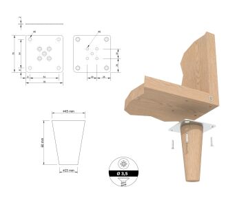 Noga dębowa 6 CM, nóżka drewniana dąb stożek, zestaw z blachą i wkrętami