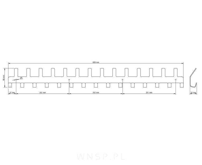 Wieszak 828 mm z 29 uchwytami, haczykami, kolor biały przykręcany