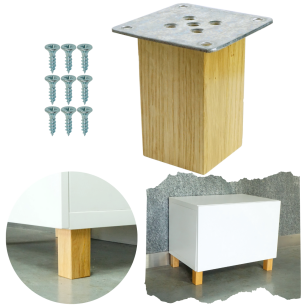 Noga dębowa 8 CM, nóżka drewniana dąb lakier kwadrat, zestaw z blachą i wkrętami