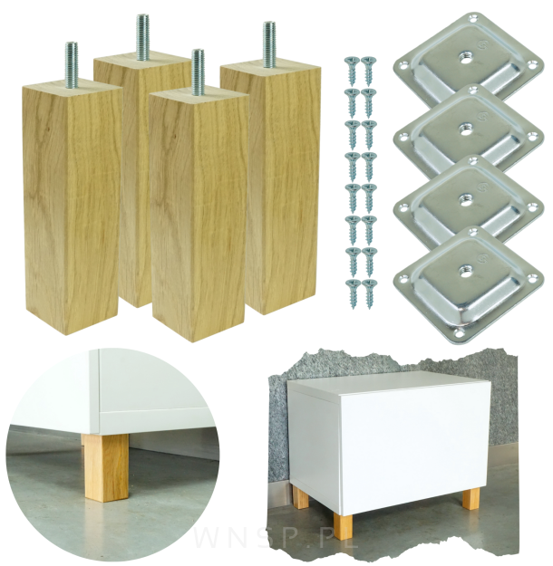 4x Noga kwadratowa dębowa 45 x 45 mm, 15 CM, lakierowana z blachą montażową
