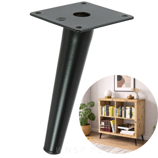 Noga stalowa skośna stożek 15 cm, z blachą montażową, czarna matowa