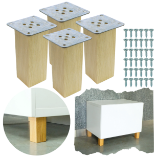 Nogi dębowe 12 CM, nóżki kwadratowe drewniane dąb, zestaw z blachami i wkrętami