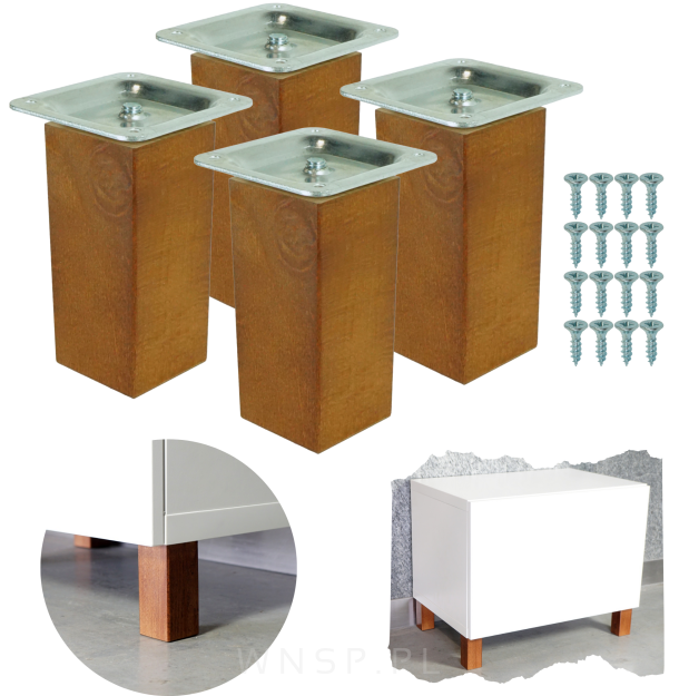 4x Noga kwadratowa bukowa 45 X 45, prosta, 10 CM, orzech z blachą montażową