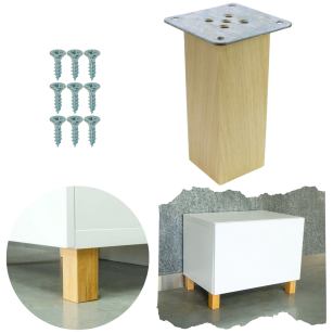 Noga dębowa 12 CM, nóżka drewniana dąb kwadrat, zestaw z blachą i wkrętami