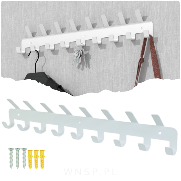 Wieszak 484 mm z 17 uchwytami, haczykami, kolor biały przykręcany
