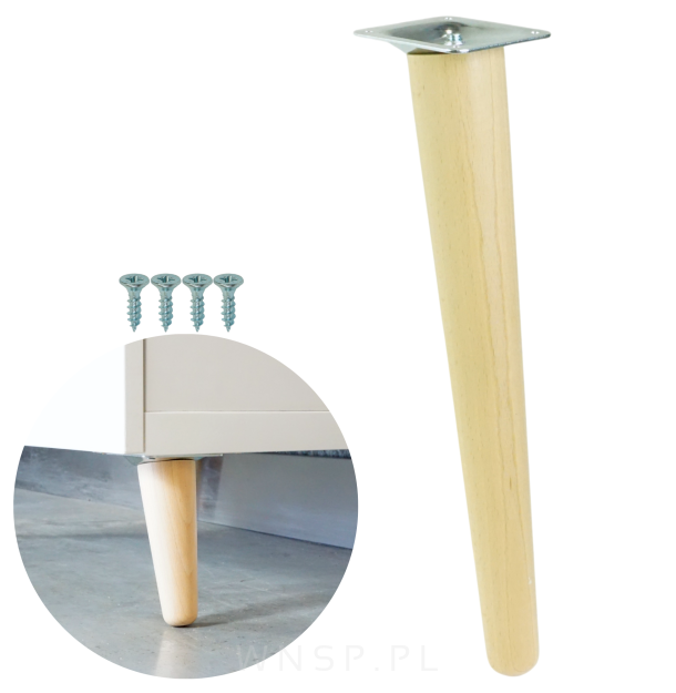 Noga bukowa skośna UNIQ 35 cm z blachą montażową, lakier bezbarwny