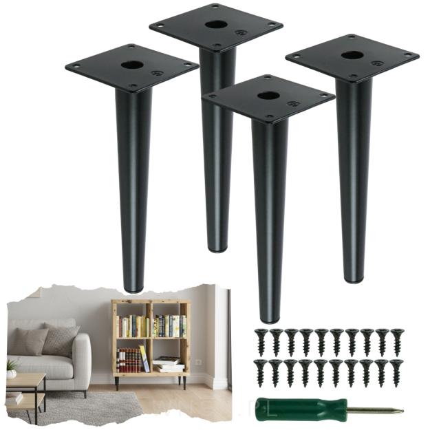 Nogi stalowe proste 23 cm, zestaw z wkrętami, czarne matowe