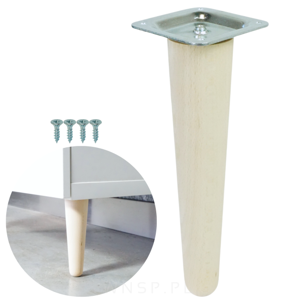 Noga bukowa prosta UNIQ 25 cm z blachą montażową, surowa
