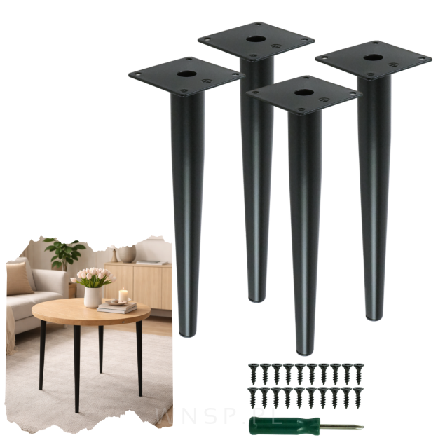 Nogi stalowe proste 30 cm, zestaw z wkrętami, czarne matowe