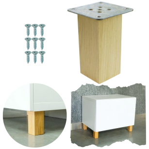 Noga dębowa 10 CM, nóżka drewniana dąb kwadrat, zestaw z blachą i wkrętami