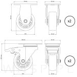 Zestaw kółek Ø 75 mm, gumowane czarne z hamulcem i podstawą w kolorze czarnym - 2
