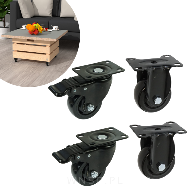 Zestaw kółek Ø 75 mm, gumowane czarne z hamulcem i podstawą w kolorze czarnym