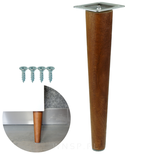 Noga bukowa prosta, stożek 25 cm orzech z blachą montażową