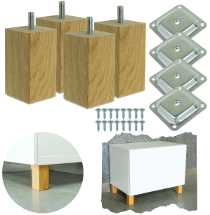 4x Noga kwadratowa dębowa 45 x 45 mm, 10 CM, lakierowana z blachą montażową