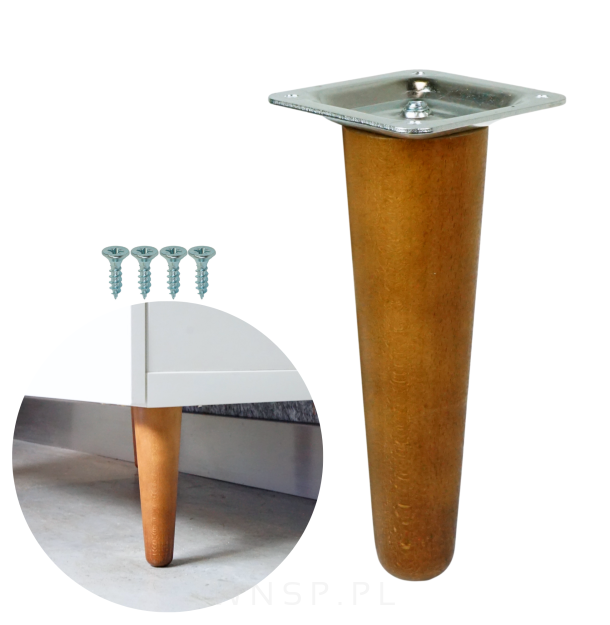 Noga bukowa prosta UNIQ 12 cm z blachą montażową, orzech