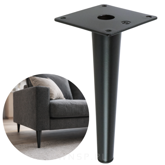 Noga stalowa prosta stożek 18 cm, z blachą montażową, czarna matowa