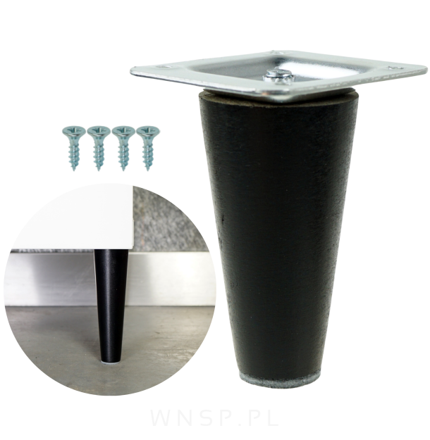 Noga bukowa prosta, stożek 8 cm czarna z blachą montażową