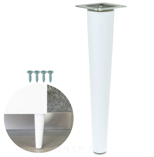 Noga bukowa prosta, stożek 25 cm biała z blachą montażową