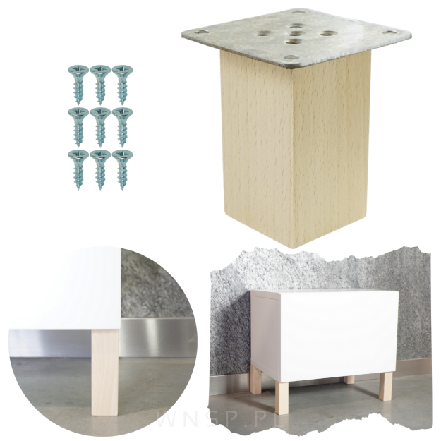 Noga bukowa 8 CM, nóżka drewniana buk kwadrat, zestaw z blachą i wkrętami