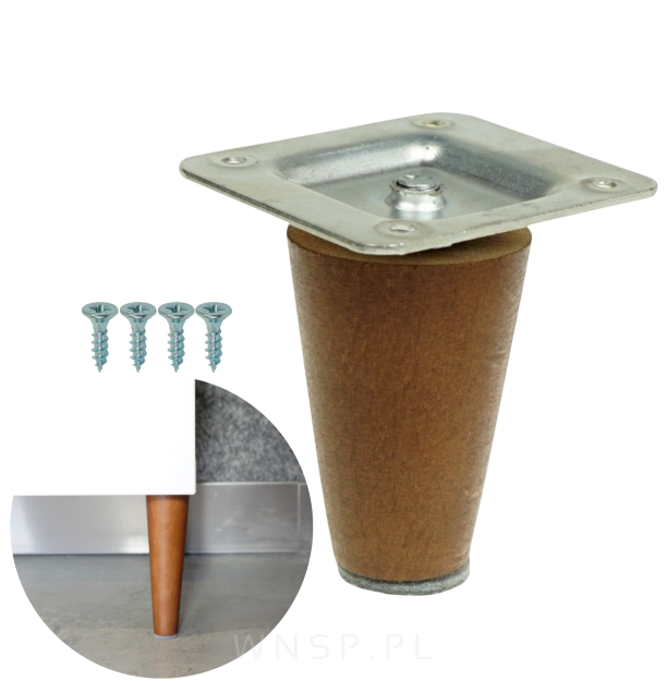 Noga bukowa prosta, stożek 6 cm orzech z blachą montażową