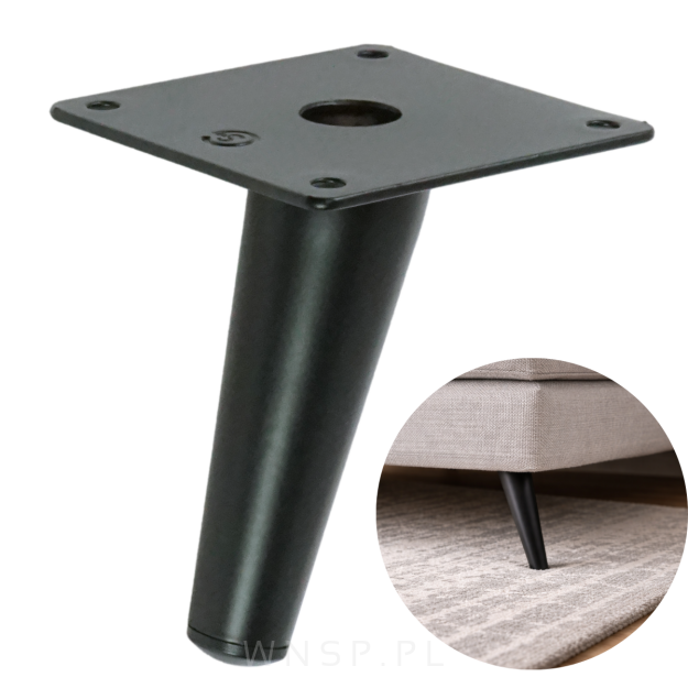 Noga stalowa skośna stożek 10 cm, z blachą montażową, czarna matowa