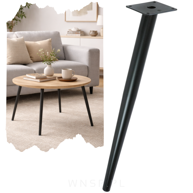 Noga stalowa skośna stożek 45 cm, z blachą montażową, czarna matowa