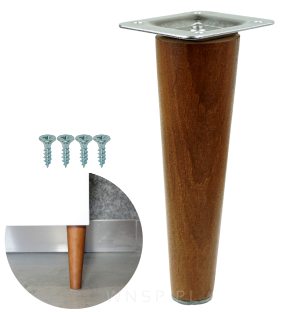 Noga bukowa prosta, stożek 20 cm orzech z blachą montażową