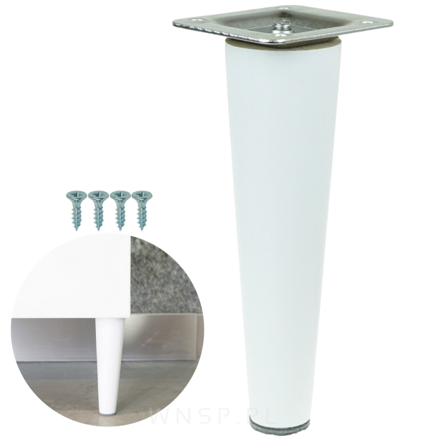 Noga bukowa prosta, stożek 20 cm biała z blachą montażową