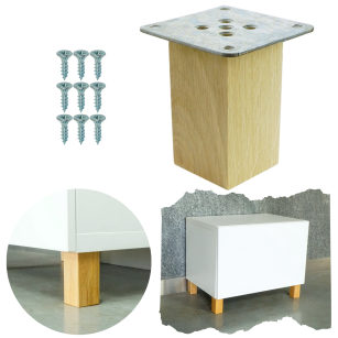 Noga dębowa 8 CM, nóżka drewniana dąb kwadrat, zestaw z blachą i wkrętami