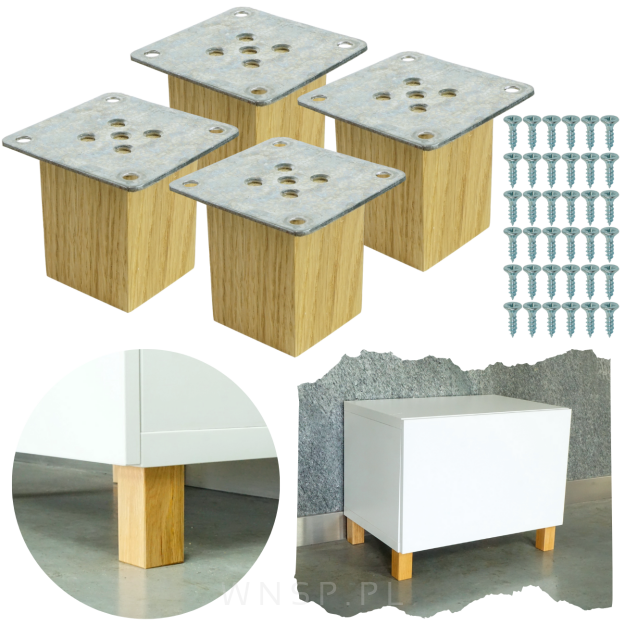 Nogi dębowe 6 CM lakierowane, nóżki kwadratowe drewniane dąb, zestaw z blachami i wkrętami